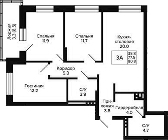 Планировка 3-к.кв 77.50 м² в ЖК «Сподвижники»