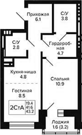 Планировка 2е-к.кв 41.60 м² в ЖК «Сподвижники»