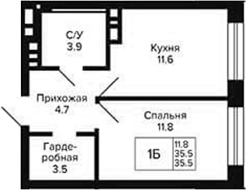 Планировка 1-к.кв 35.50 м² в ЖК «Сподвижники»