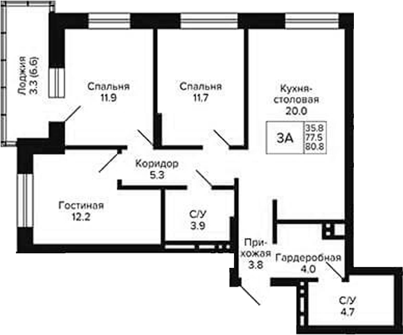 Планировка 3-к.кв 77.50 м² в ЖК «Сподвижники»
