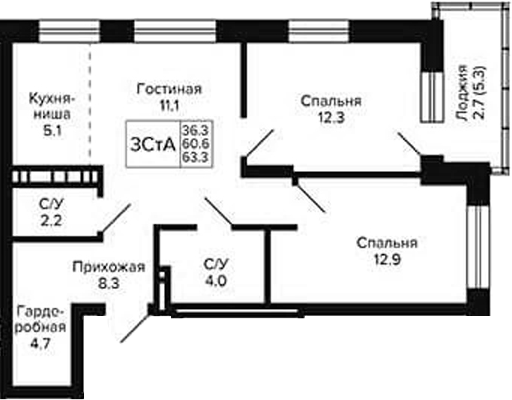 Планировка 3е-к.кв 60.60 м² в ЖК «Сподвижники»