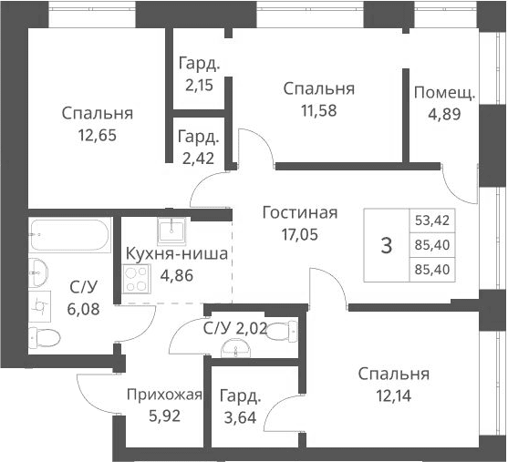Планировка 4-к.кв 85.40 м² в ЖК «Фора»