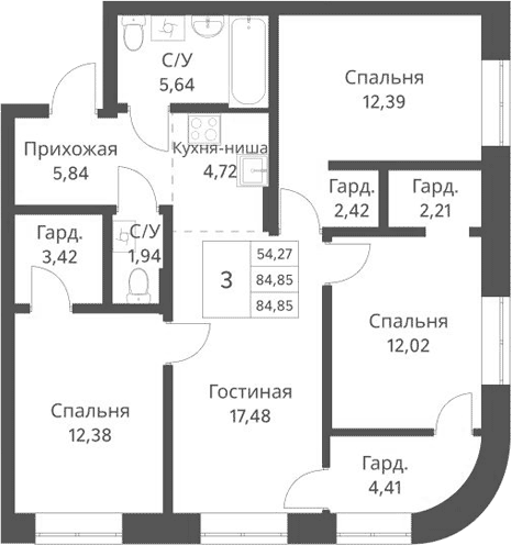 Планировка 3-к.кв 84.87 м² в ЖК «Фора»
