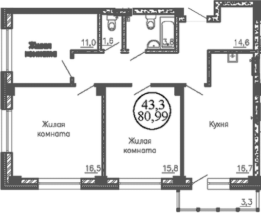 Планировка 3-к.кв 78.61 м² в ЖК «RED FOX»