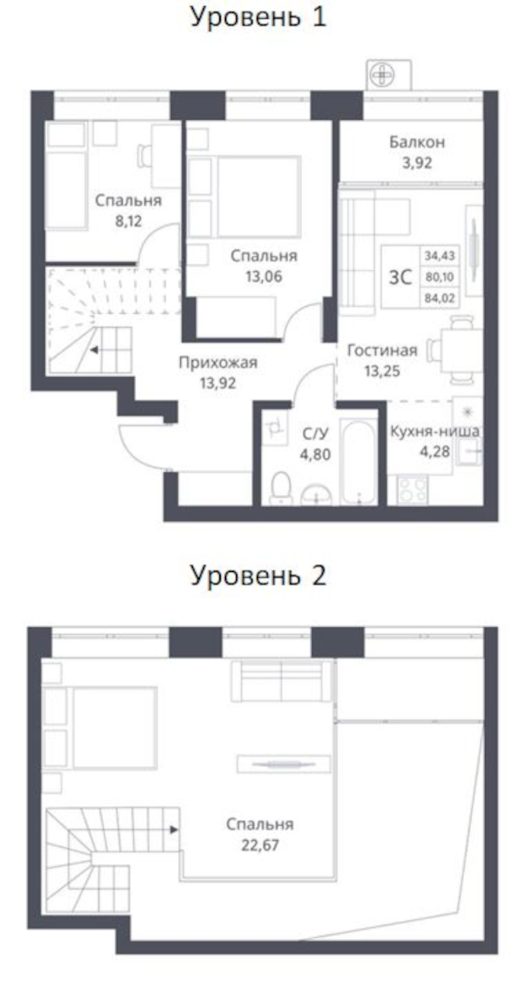 Планировка 3-к.кв 80.10 м² в ЖК «Фора»