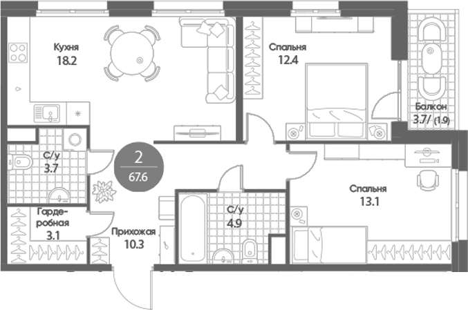 Планировка 2-к.кв 65.70 м² в ЖК «Счастье в Кольцово»