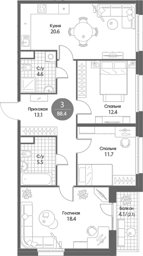 Планировка 3-к.кв 86.30 м² в ЖК «Счастье в Кольцово»