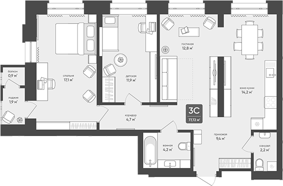 Планировка 3е-к.кв 76.50 м² в ЖК «Промышленная, 7»