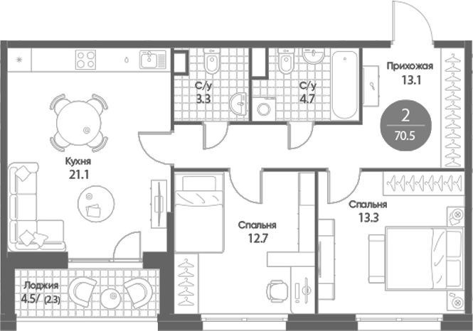 Планировка 3е-к.кв 68.20 м² в ЖК «Счастье в Кольцово»