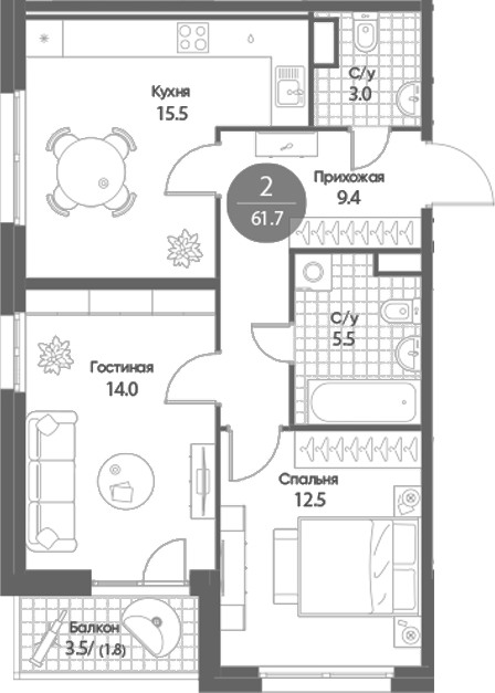 Планировка 2-к.кв 59.90 м² в ЖК «Счастье в Кольцово»