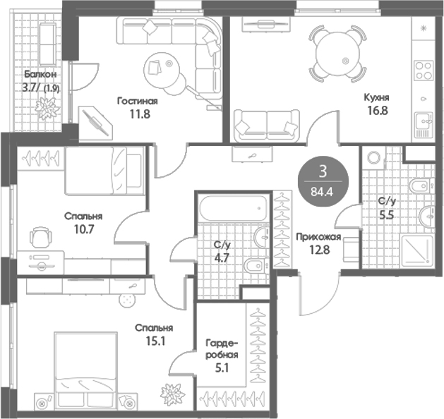 Планировка 3-к.кв 82.50 м² в ЖК «Счастье в Кольцово»