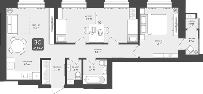 Планировка 3е-к.кв 62.10 м² в ЖК «Промышленная, 7»