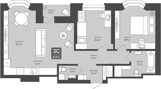 Планировка 3е-к.кв 60.70 м² в ЖК «Промышленная, 7»