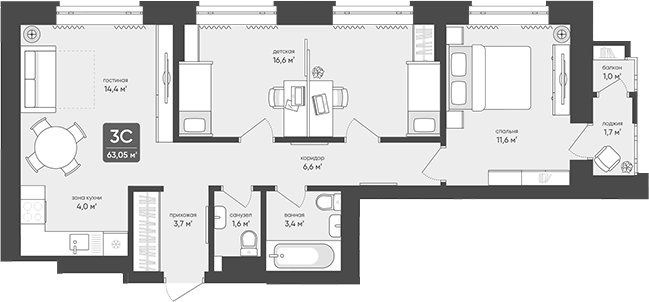 Планировка 3е-к.кв 61.90 м² в ЖК «Промышленная, 7»