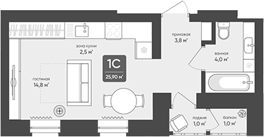 Планировка студии 25.10 м² в ЖК «Промышленная, 7»