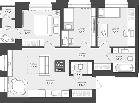 Планировка 4е-к.кв 57.80 м² в ЖК «Промышленная, 7»