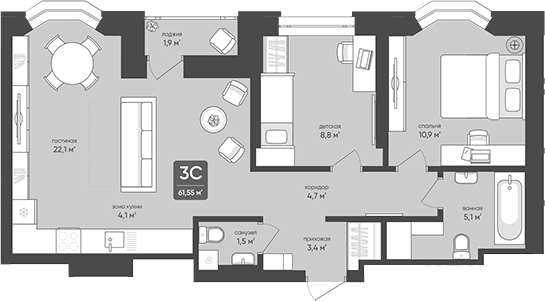 Планировка 3е-к.кв 60.60 м² в ЖК «Промышленная, 7»