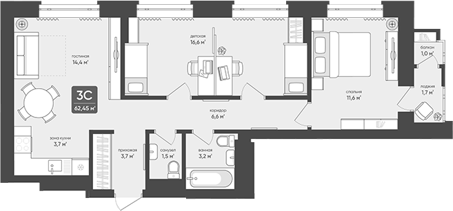Планировка 3е-к.кв 61.30 м² в ЖК «Промышленная, 7»