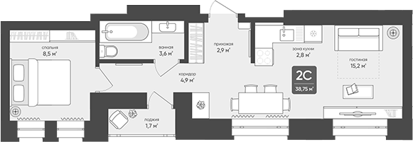 Планировка 2е-к.кв 37.90 м² в ЖК «Промышленная, 7»