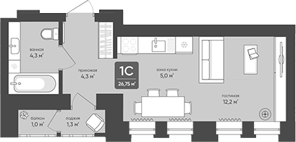 Планировка студии 25.80 м² в ЖК «Промышленная, 7»