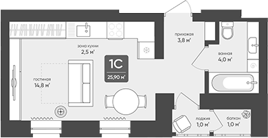 Планировка студии 25.10 м² в ЖК «Промышленная, 7»