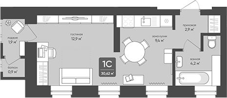 Планировка студии 29.40 м² в ЖК «Промышленная, 7»
