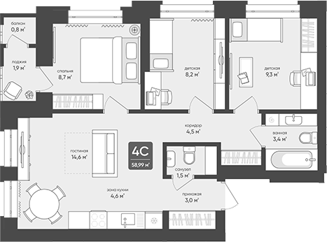 Планировка 4е-к.кв 57.80 м² в ЖК «Промышленная, 7»