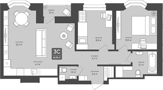 Планировка 3е-к. квартира 60.60 м² в ЖК «Промышленная, 7»