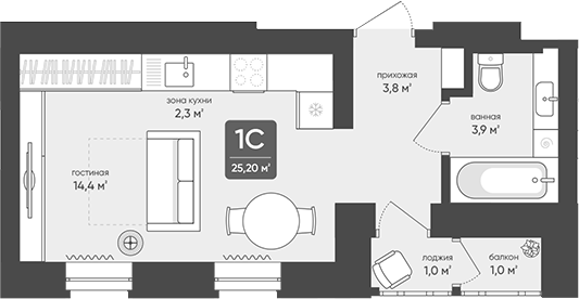 Планировка студии 24.40 м² в ЖК «Промышленная, 7»