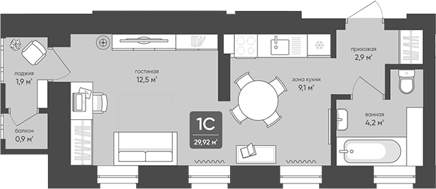 Планировка студия 28.70 м² в ЖК «Промышленная, 7»
