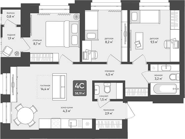 Планировка 4е-к.кв 57.00 м² в ЖК «Промышленная, 7»