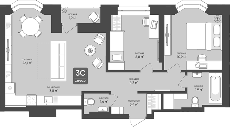 Планировка 3е-к.кв 60.00 м² в ЖК «Промышленная, 7»