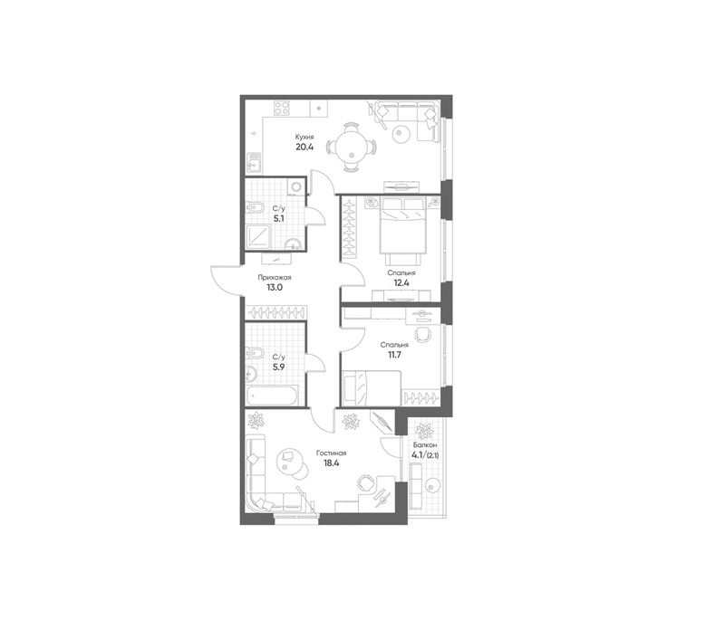 Планировка 3-к.кв 86.90 м² в ЖК «Счастье в Кольцово»