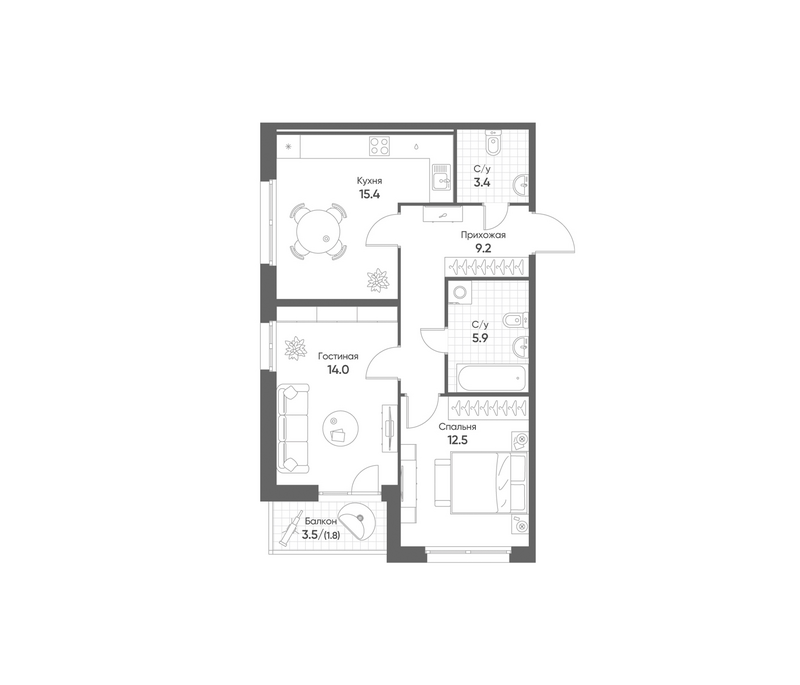 Планировка 2-к.кв 60.40 м² в ЖК «Счастье в Кольцово»