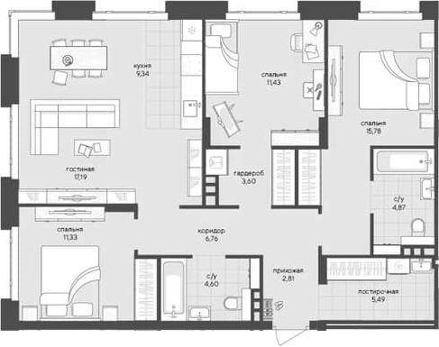 Планировка 3-к.кв 93.20 м² в ЖК «Новый Кедровый»