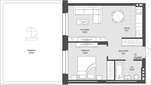 Планировка 1-к.кв 42.36 м² в ЖК «Новый Кедровый»