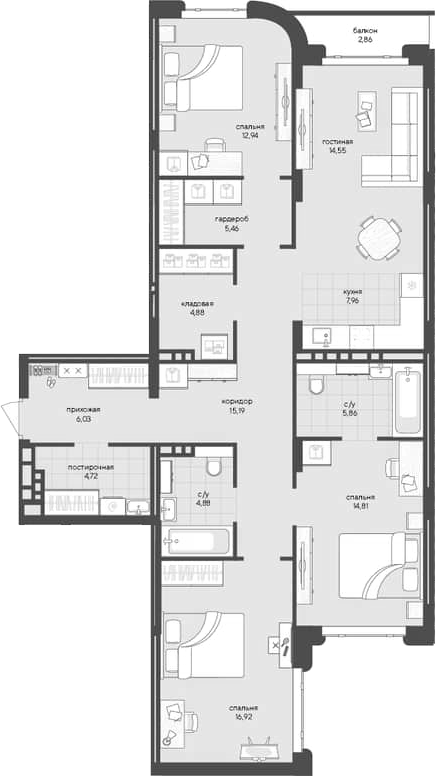 Планировка 3-к.кв 114.20 м² в ЖК «Новый Кедровый»