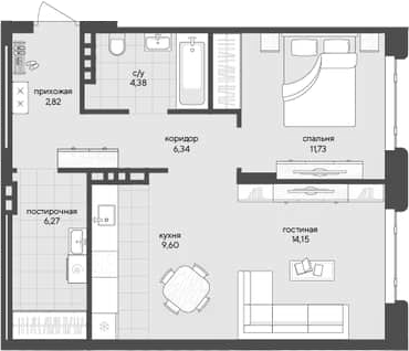 Планировка 1-к.кв 55.29 м² в ЖК «Новый Кедровый»