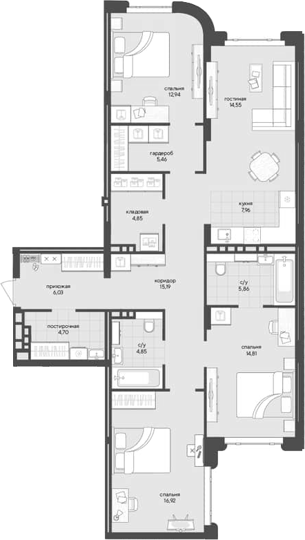 Планировка 3-к.кв 114.12 м² в ЖК «Новый Кедровый»