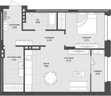 Планировка 1-к.кв 51.27 м² в ЖК «Новый Кедровый»