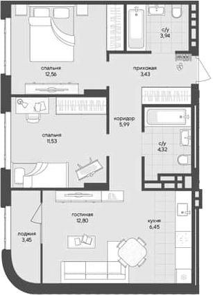 Планировка 2-к.кв 61.02 м² в ЖК «Новый Кедровый»