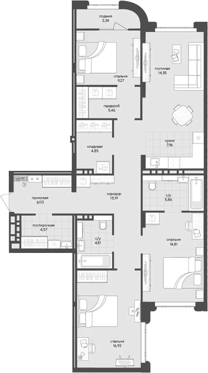 Планировка 3-к.кв 110.28 м² в ЖК «Новый Кедровый»