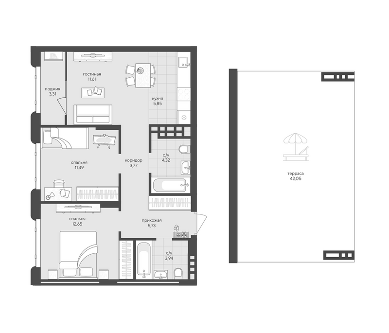 Планировка 2-к.кв 59.36 м² в ЖК «Новый Кедровый»