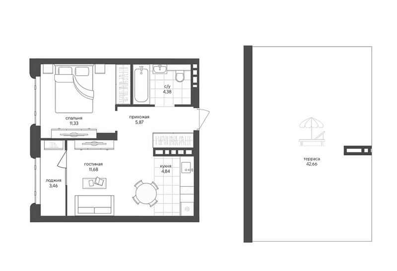 Планировка 1-к.кв 38.10 м² в ЖК «Новый Кедровый»