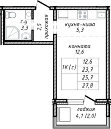 Планировка студии 23.70 м² в ЖК «Азимут»