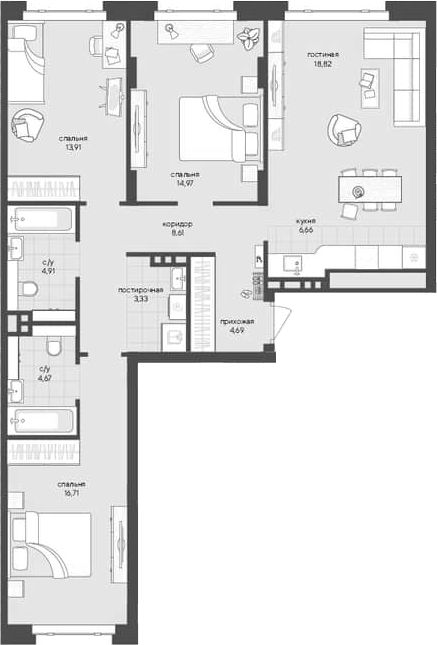Планировка 3-к.кв 97.28 м² в ЖК «Новый Кедровый»