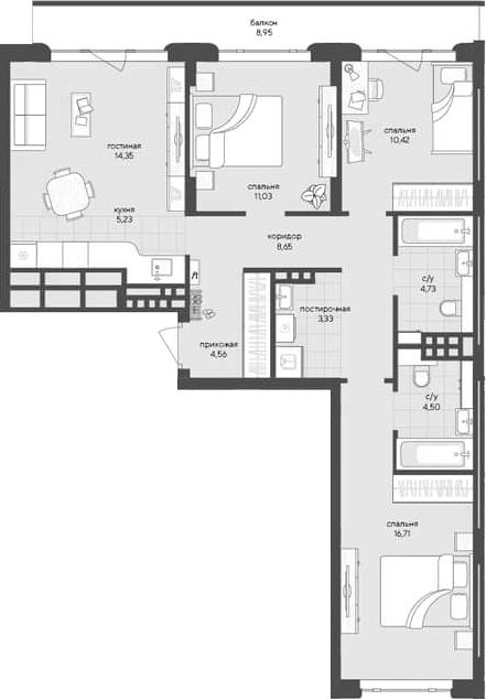 Планировка 3-к.кв 83.51 м² в ЖК «Новый Кедровый»