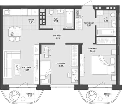 Планировка 2-к.кв 61.86 м² в ЖК «Новый Кедровый»