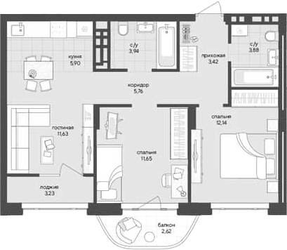 Планировка 2-к.кв 58.32 м² в ЖК «Новый Кедровый»
