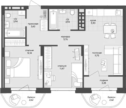 Планировка 2-к.кв 58.33 м² в ЖК «Новый Кедровый»